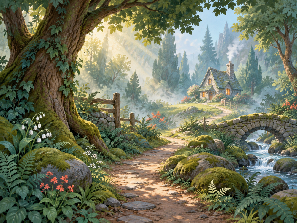 Ilustración de un bosque con un sendero y una casa