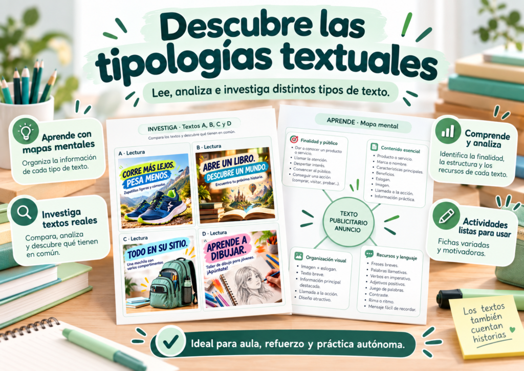 Descubre los tipos de texto para Primaria, recurso educativo para aprender a identificar y diferenciar las distintas tipologías textuales.