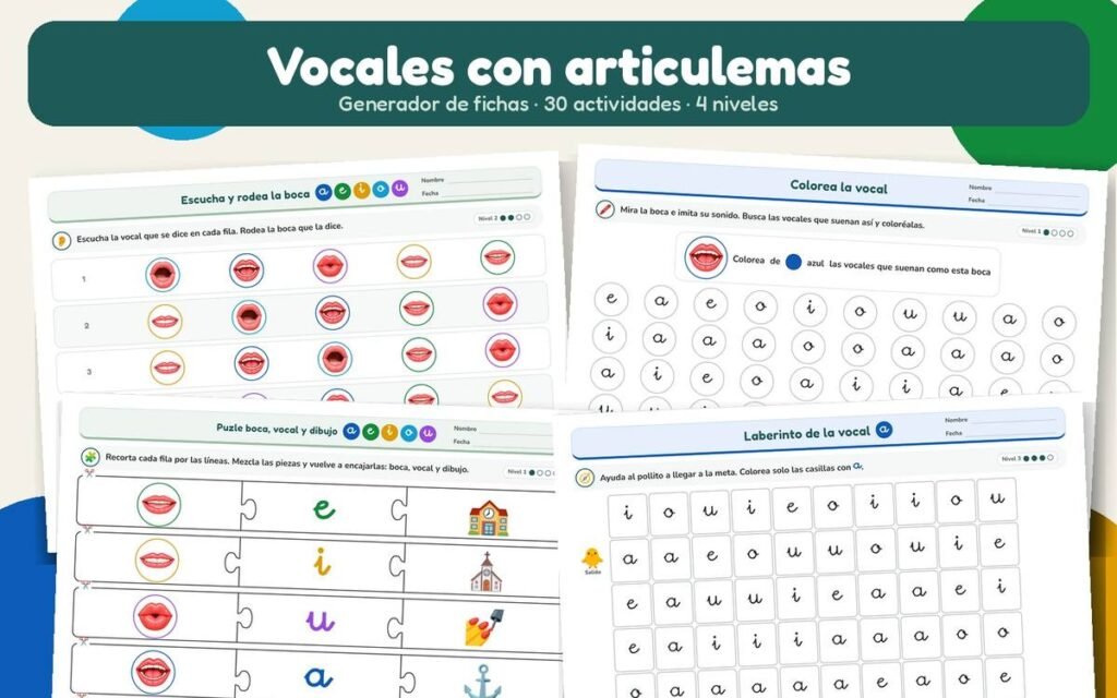 Fichas de vocales para Infantil con articulemas creadas con el generador
