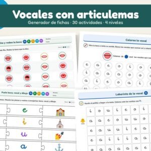 Fichas de vocales para Infantil con articulemas creadas con el generador