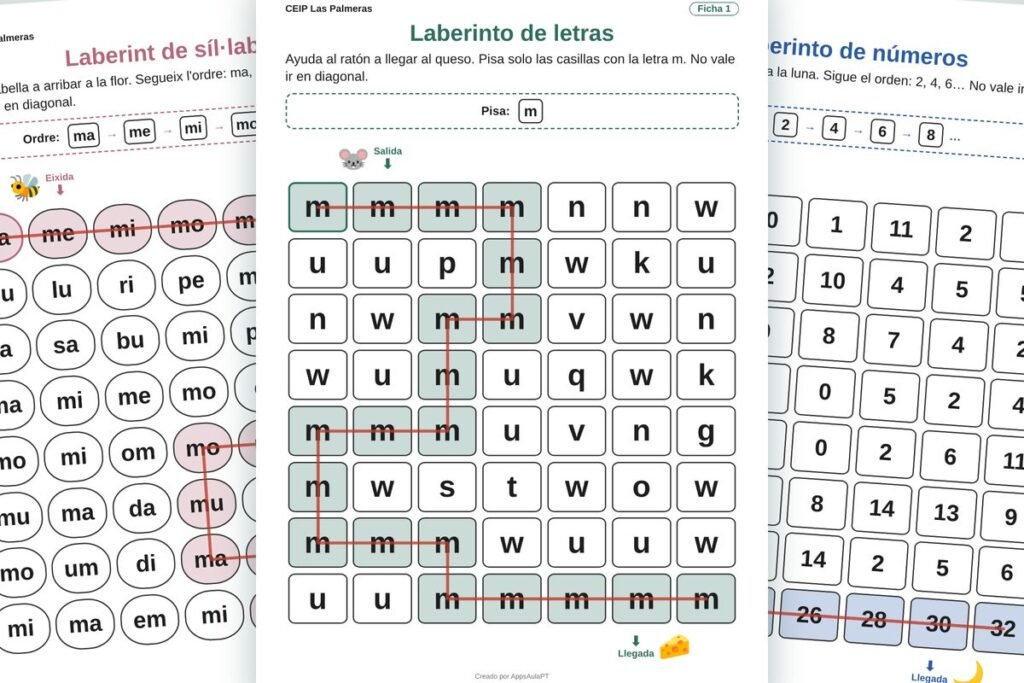 Laberintos para imprimir personalizados de letras, sílabas y números