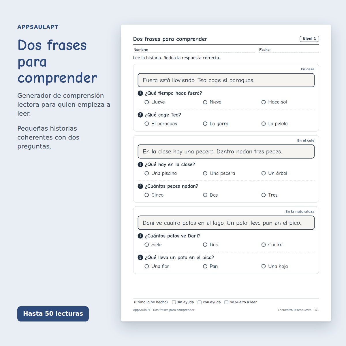 DOS FRASES PARA COMPRENDER · GENERADOR DE COMPRENSIÓN LECTORA