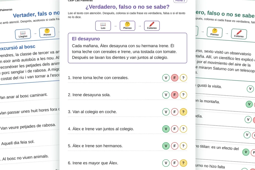 Comprensión lectora para Primaria con actividades de verdadero, falso o no se sabe