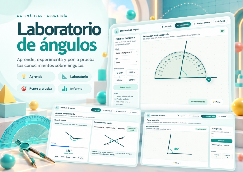 Laboratorio de ángulos para Primaria con actividades para identificar tipos de ángulos, medirlos y practicar sus relaciones.