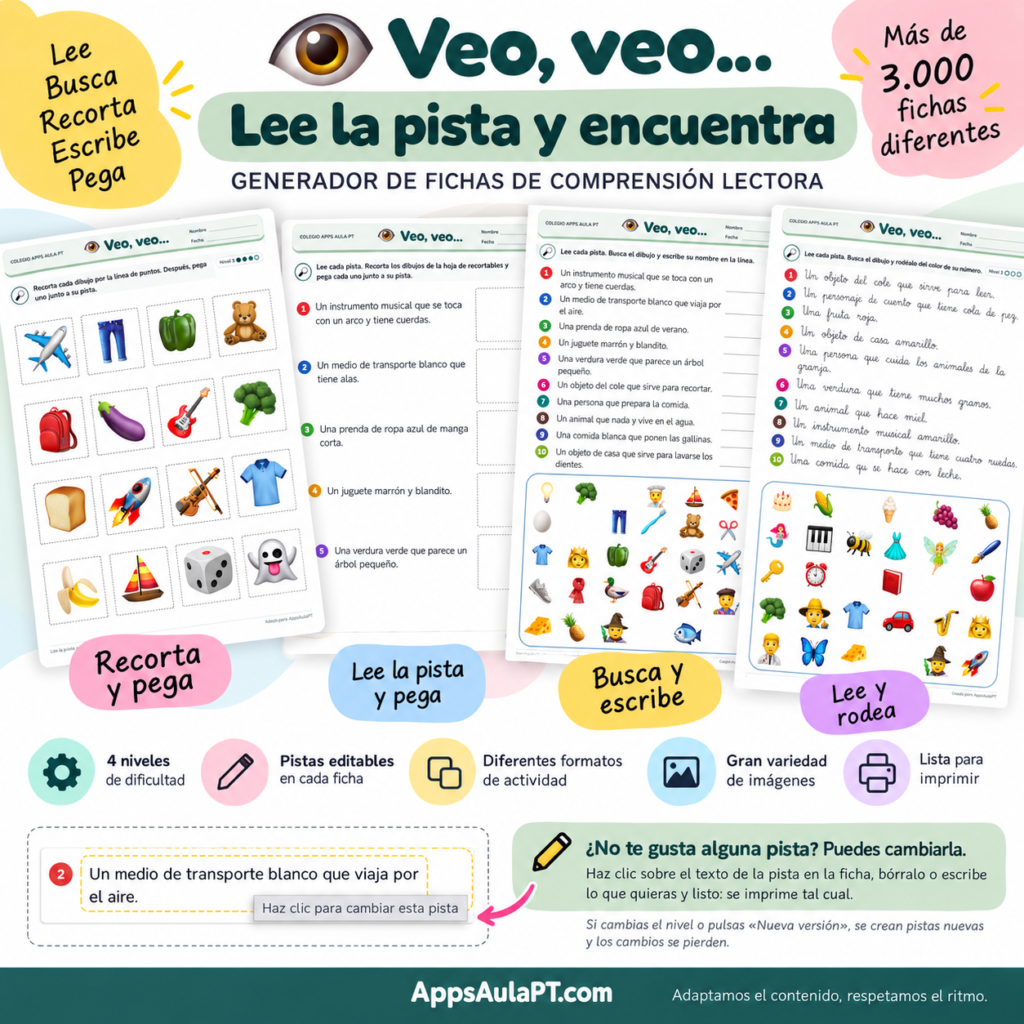 Generador de comprensión lectora con pistas editables y fichas temáticas.