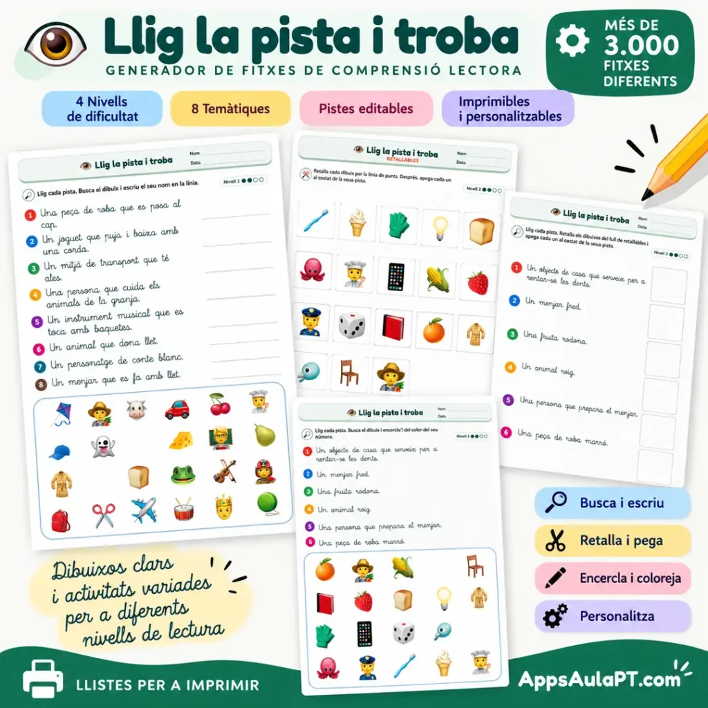 Generador de fitxes de comprensió lectora en valencià Llig la pista i troba