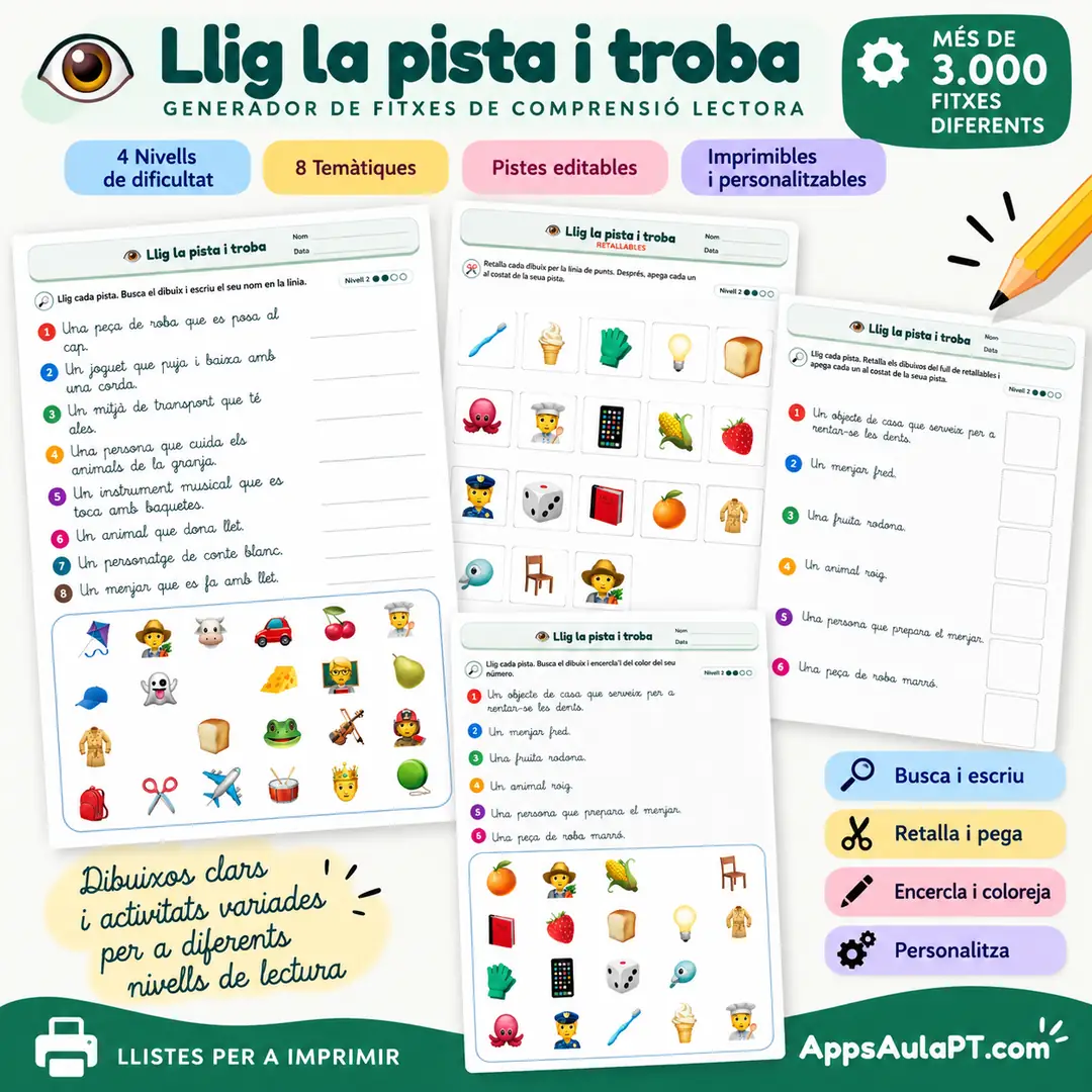 LLIG LA PISTA I TROBA – GENERADOR DE FITXES DE COMPRENSIÓ LECTORA