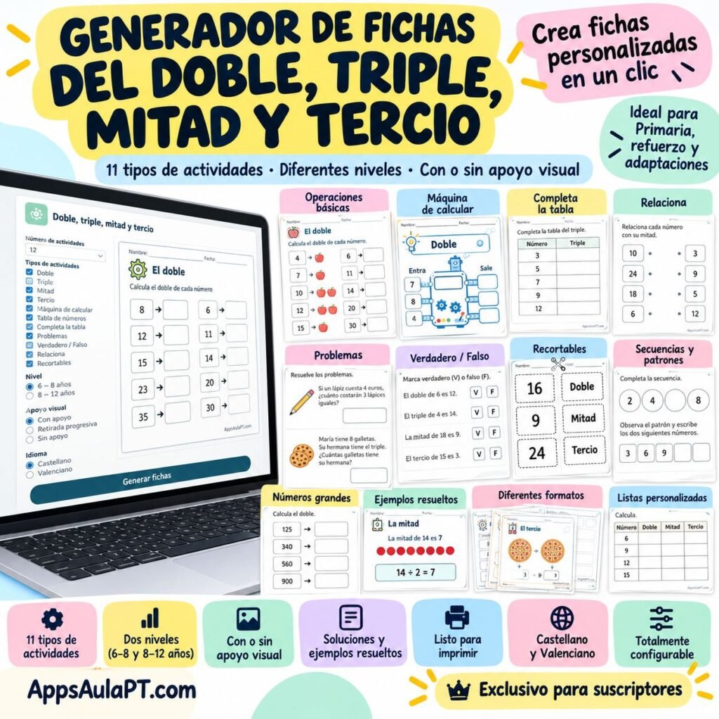 Generador de fichas del doble y triple, mitad y tercio con actividades matemáticas imprimibles de AppsAulaPT