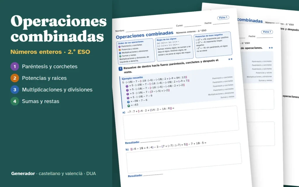 Generador de fichas de operaciones combinadas con números enteros para 2.º ESO