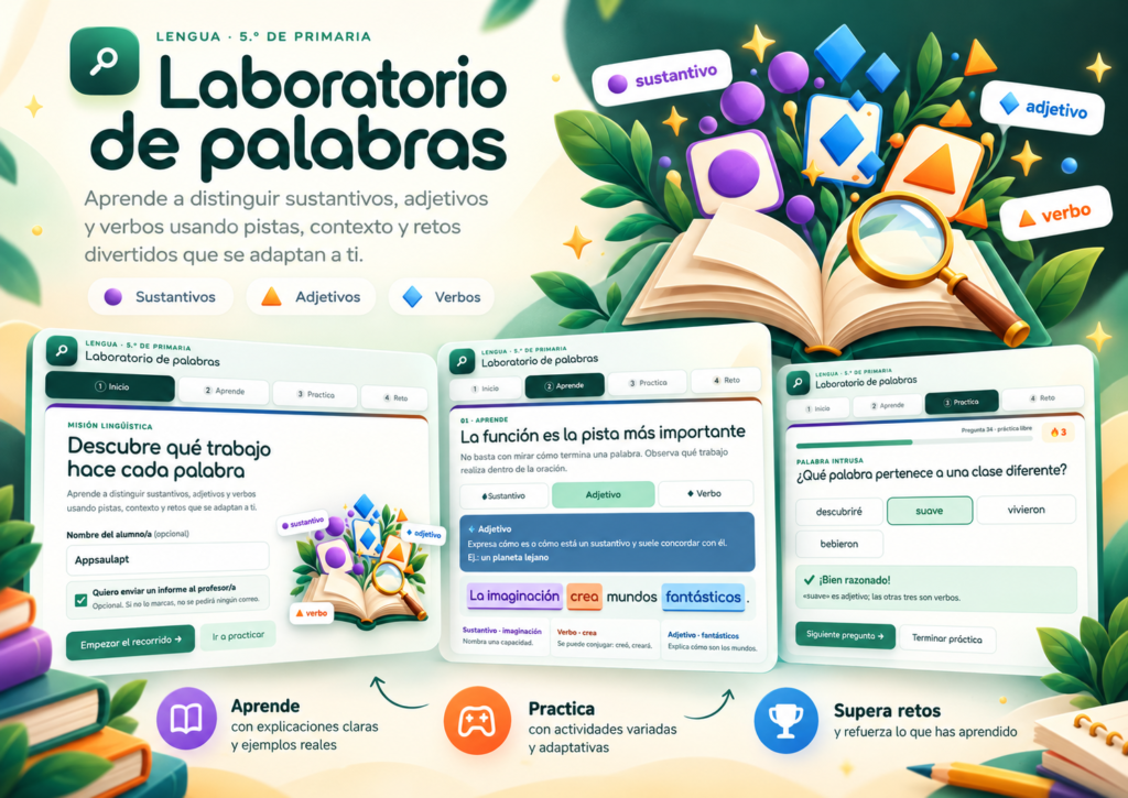 Sustantivos adjetivos y verbos para Primaria con actividades de clasificación